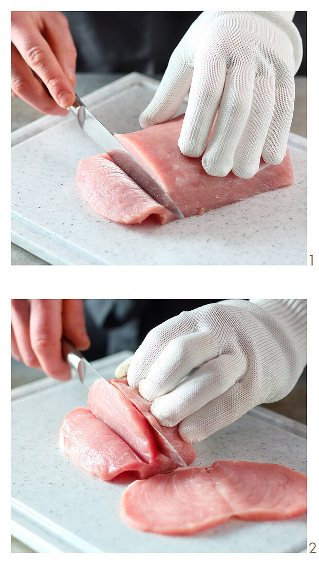 Butterfly minute steak being cut