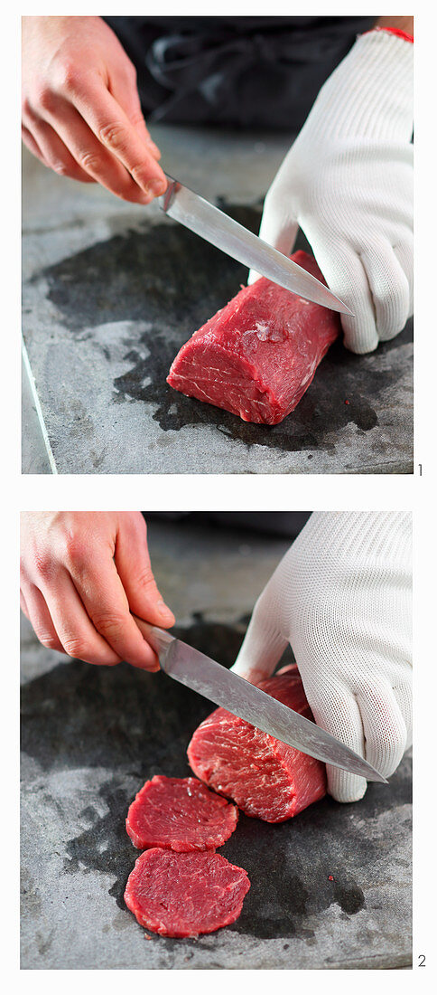 Frozen beef fillet being turned into carpaccio
