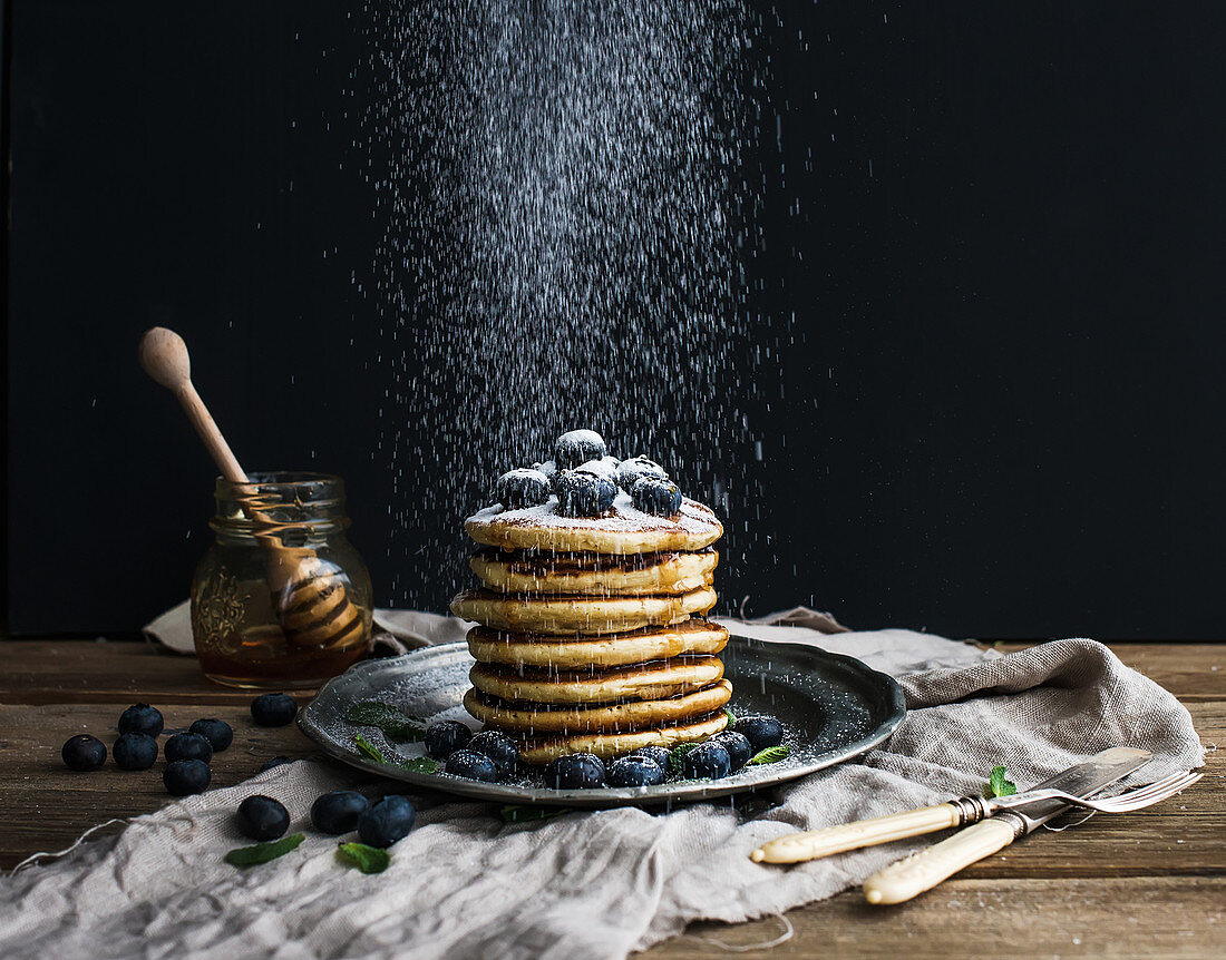 Pancake tower with fresh blueberry and mint