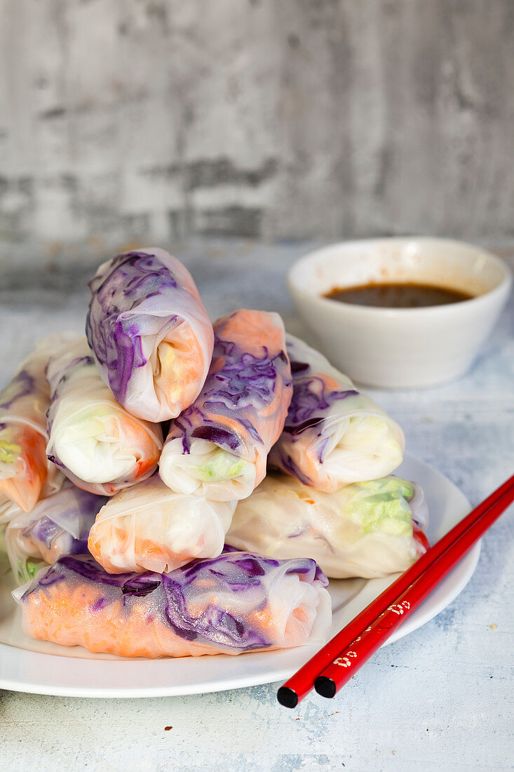 Vegan summer rolls with a spicy chili dip