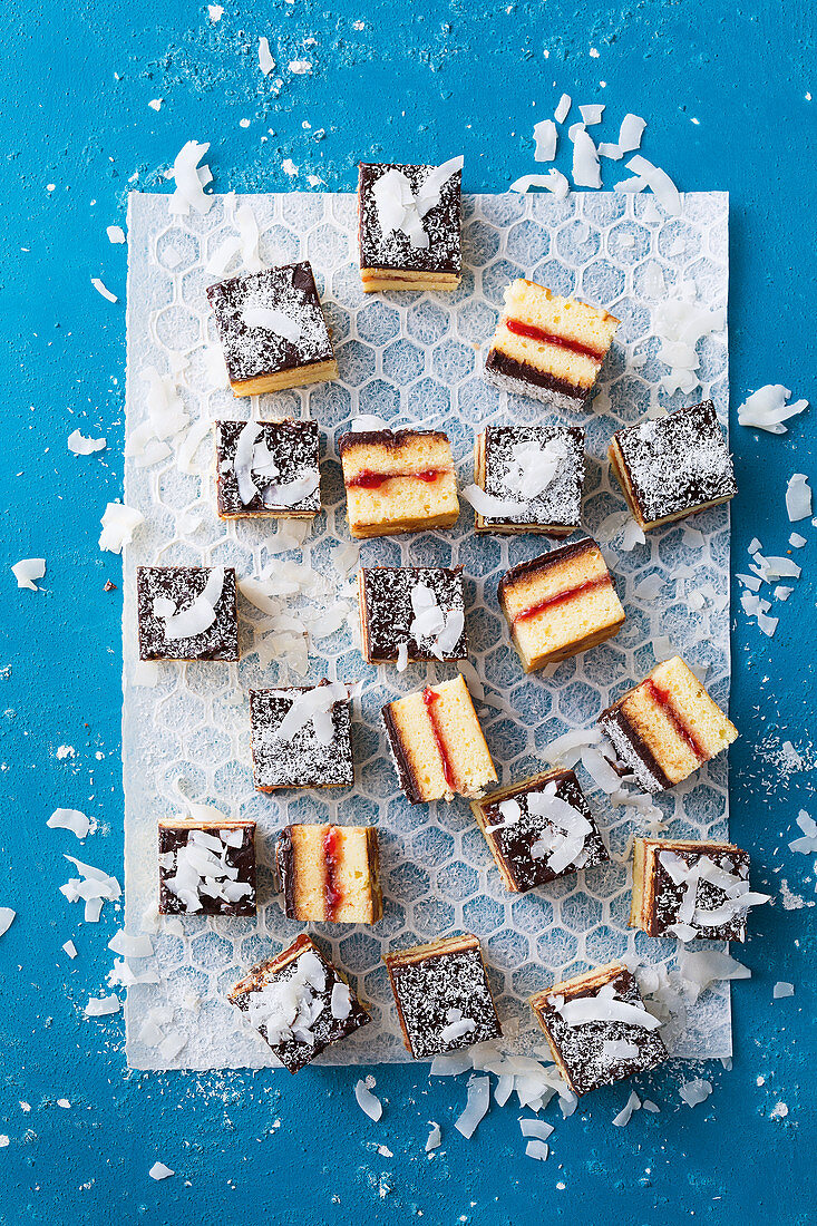 Panna cotta lamington with strawberry jam