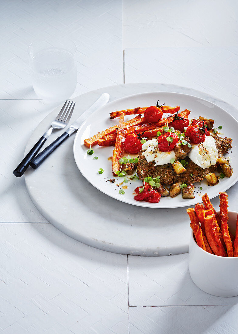 Rye chicken parmigiana with sweet potato fries