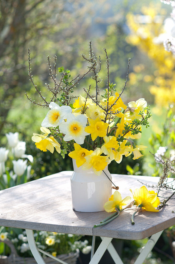 Spring Bouquet Of Daffodils And Sloe Branches