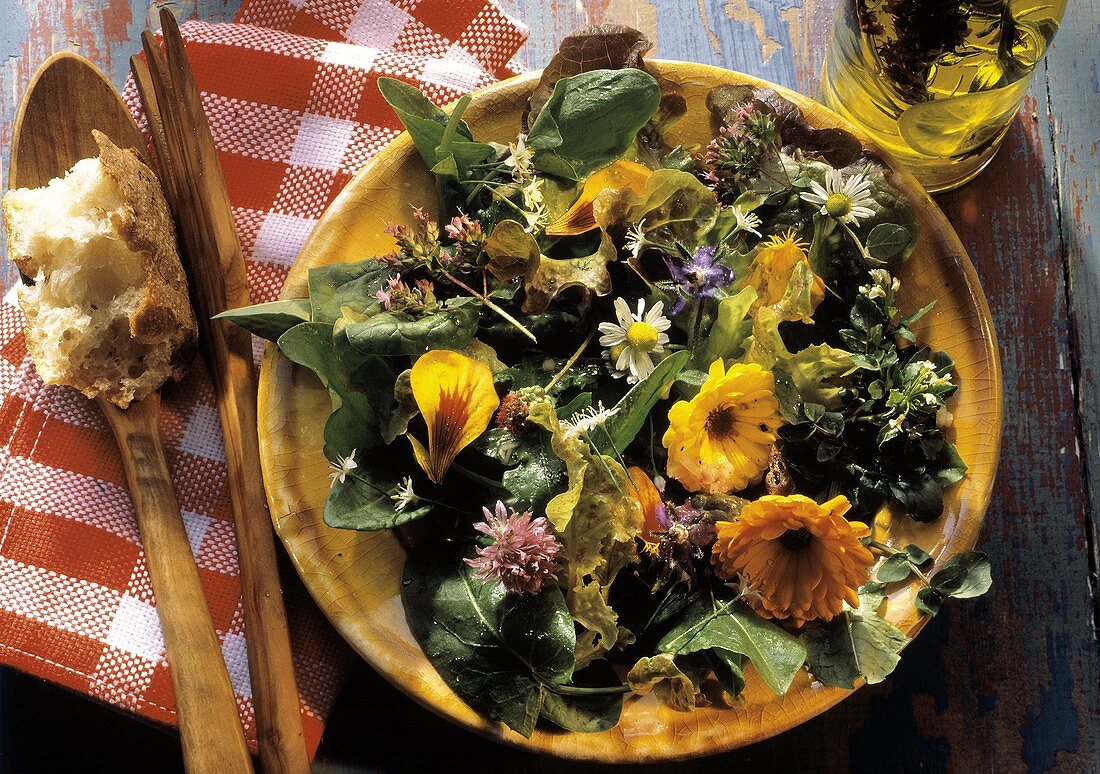 Spring Salad with an Assortment of Flower Blossoms