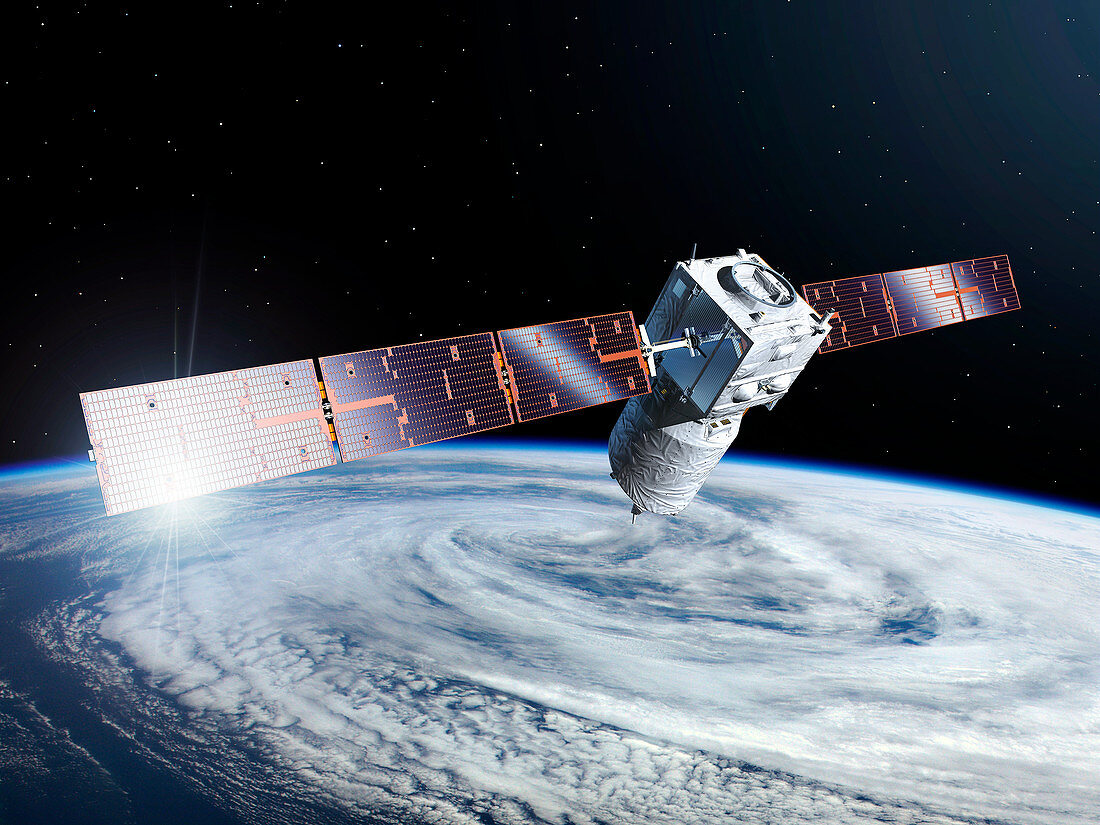 ADM-Aeolus satellite and cyclonic storm, illustration