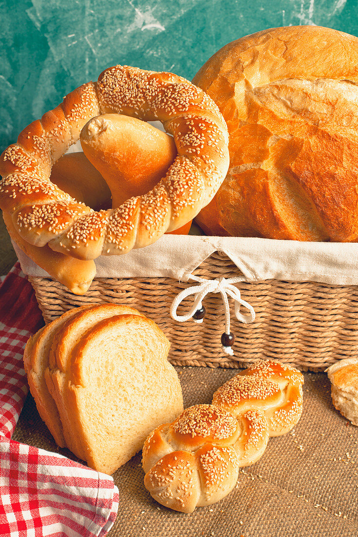 Bread and rolls in wicker basket