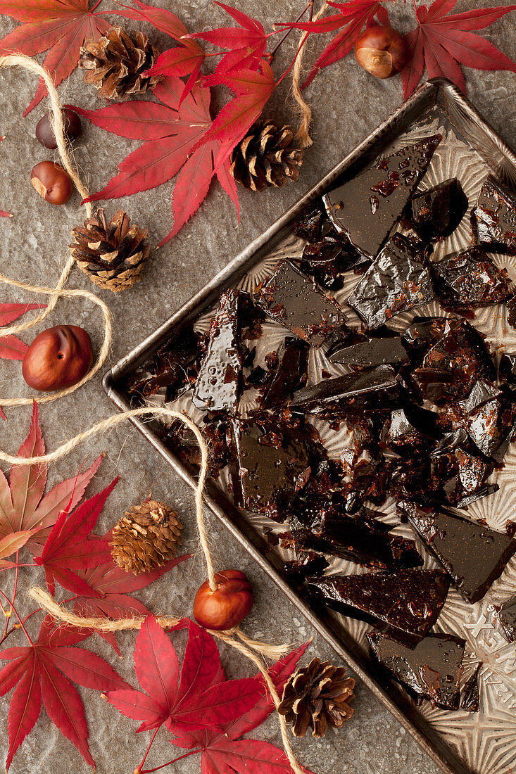 Bonfire Toffee Chunks on a Tray with Autumn Leaves