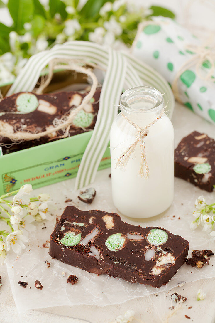 Chocolate fridge cake with mint and a bottle of milk