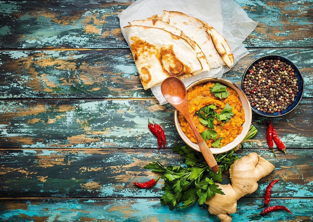 Lentil dal with flatbread (India)