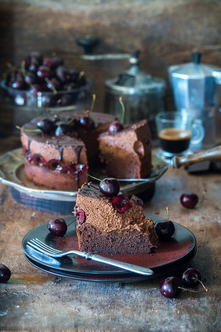 Chocolate mousse pie with cherries