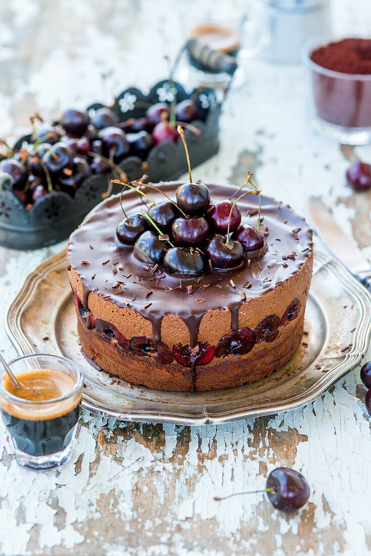 Chocolate mousse pie with cherries