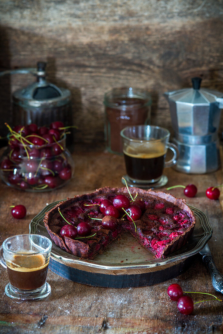 Chocolate pie with cherry and frangipane