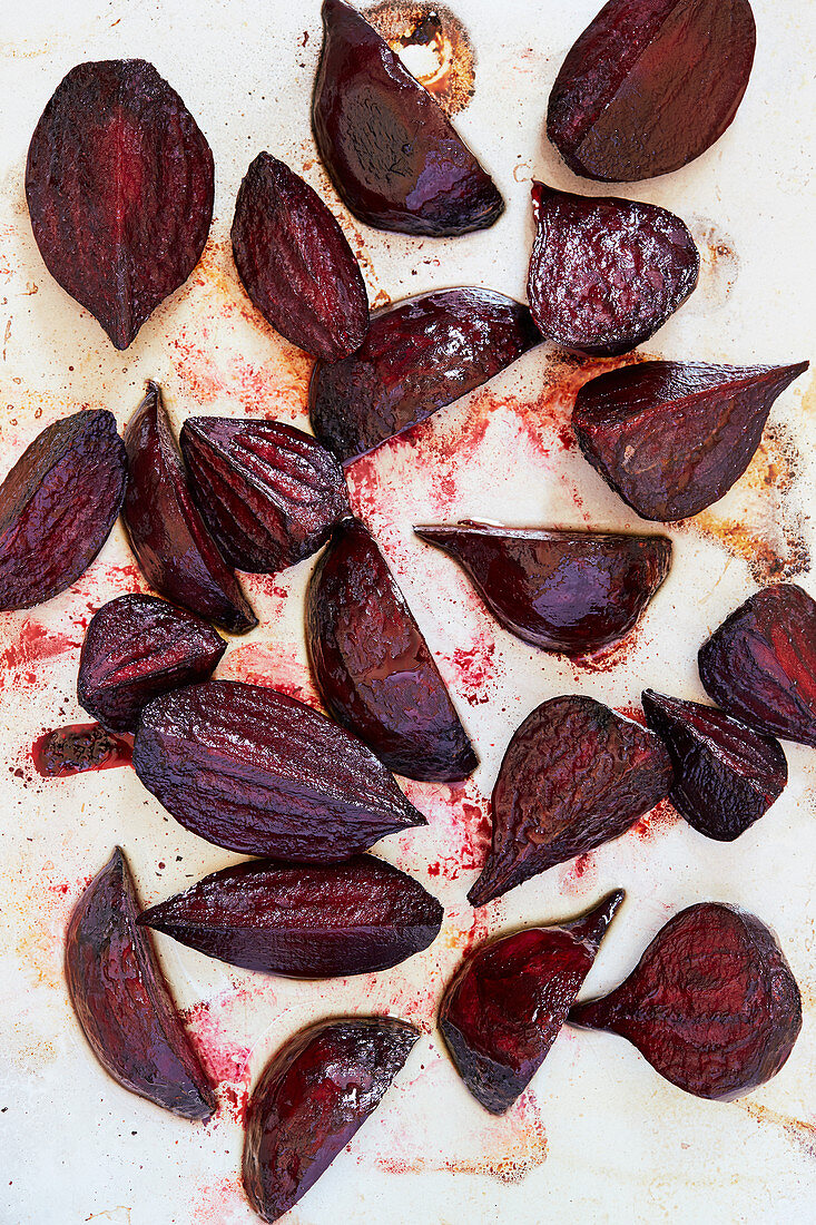 Oven-roasted beetroot wedges (seen from above)
