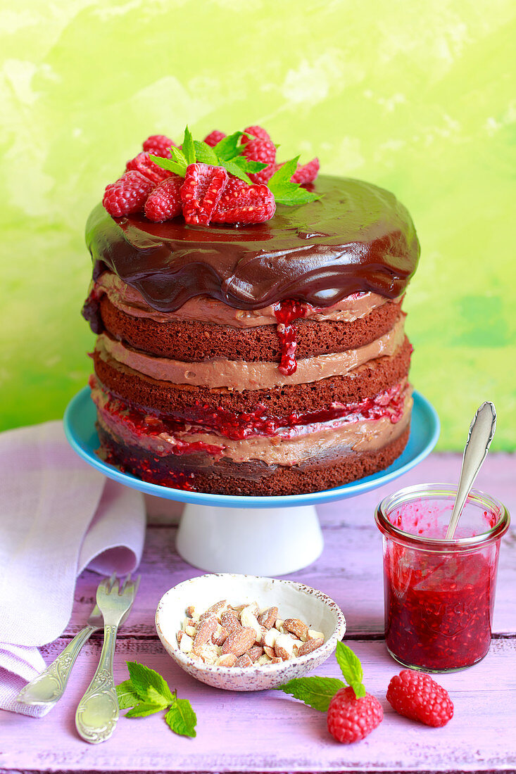 Chocolate cake with chocolate and hazelnut cream and raspberry jam