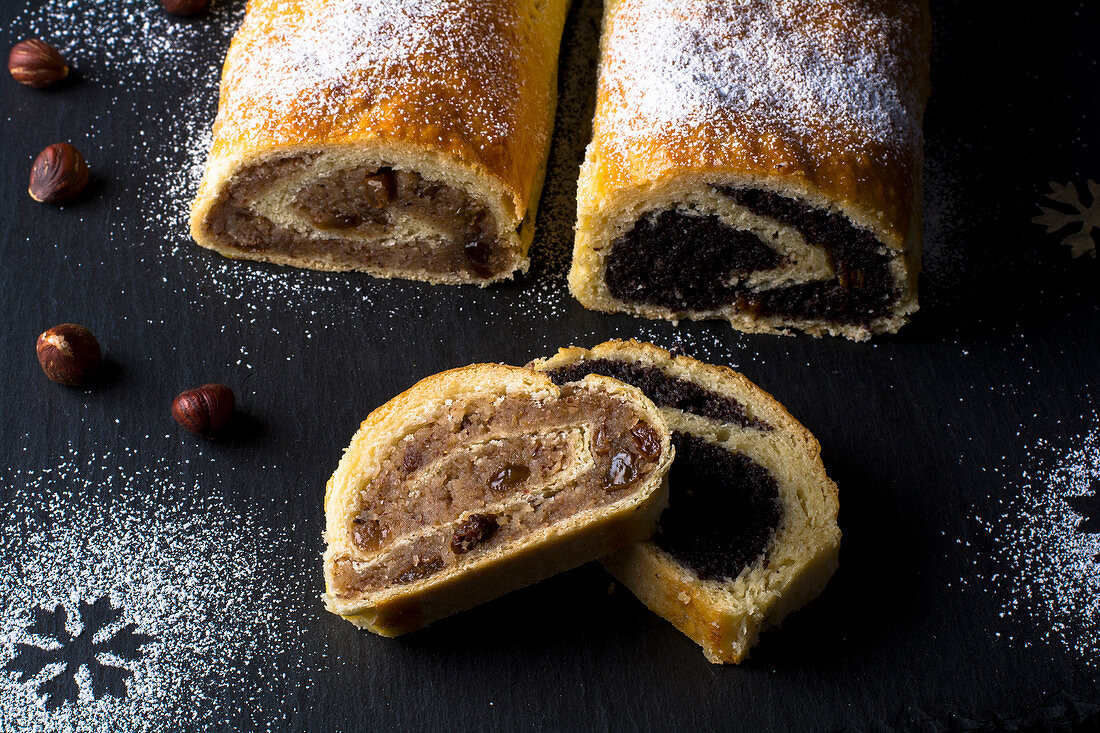 Hungarian beigli with a poppyseed and hazelnut filling for Christmas