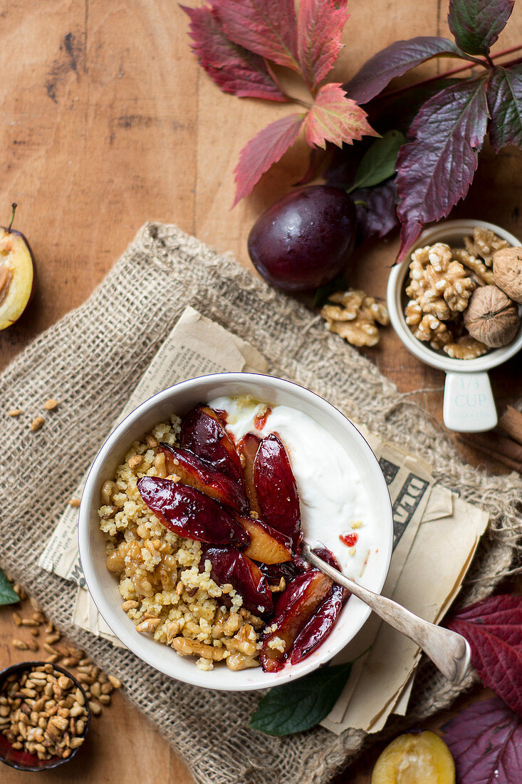 Millet with caramelized plums