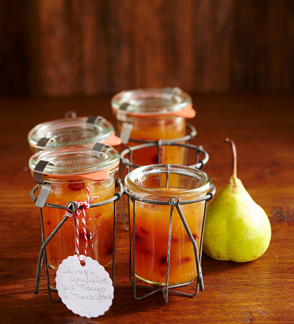 Pear jam with cranberries, marzipan, mango and lime juice