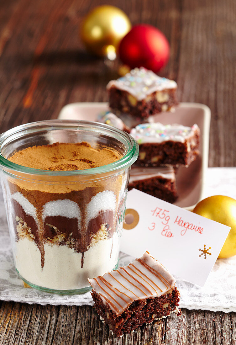 A baking mix in a jar with Christmas nut brownies and nut brownies