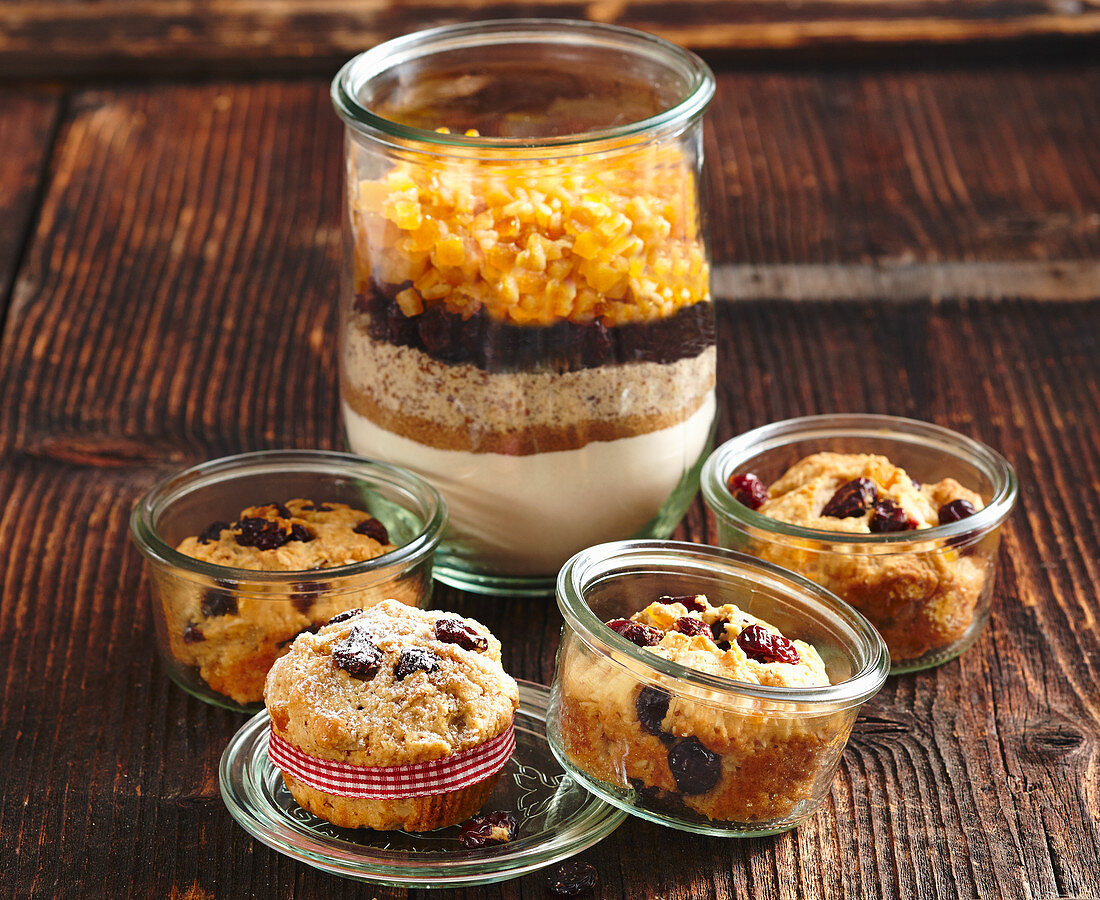 Christmas muffins and baking mix in a glass (Christmas gifting)