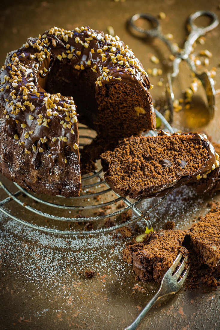 Spiced Bundt cake, sliced on a wire rack