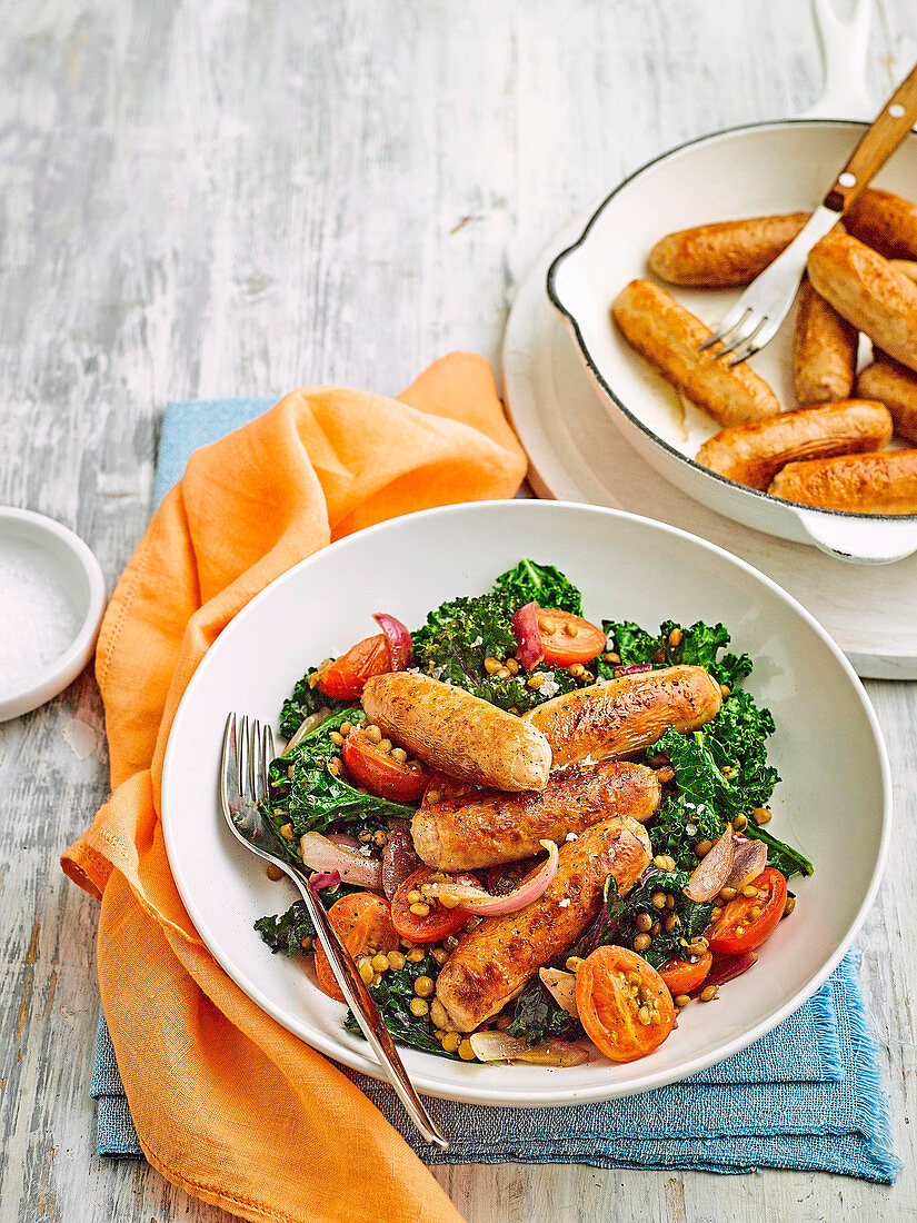 Chipolatas with Kale and Lentil Salad