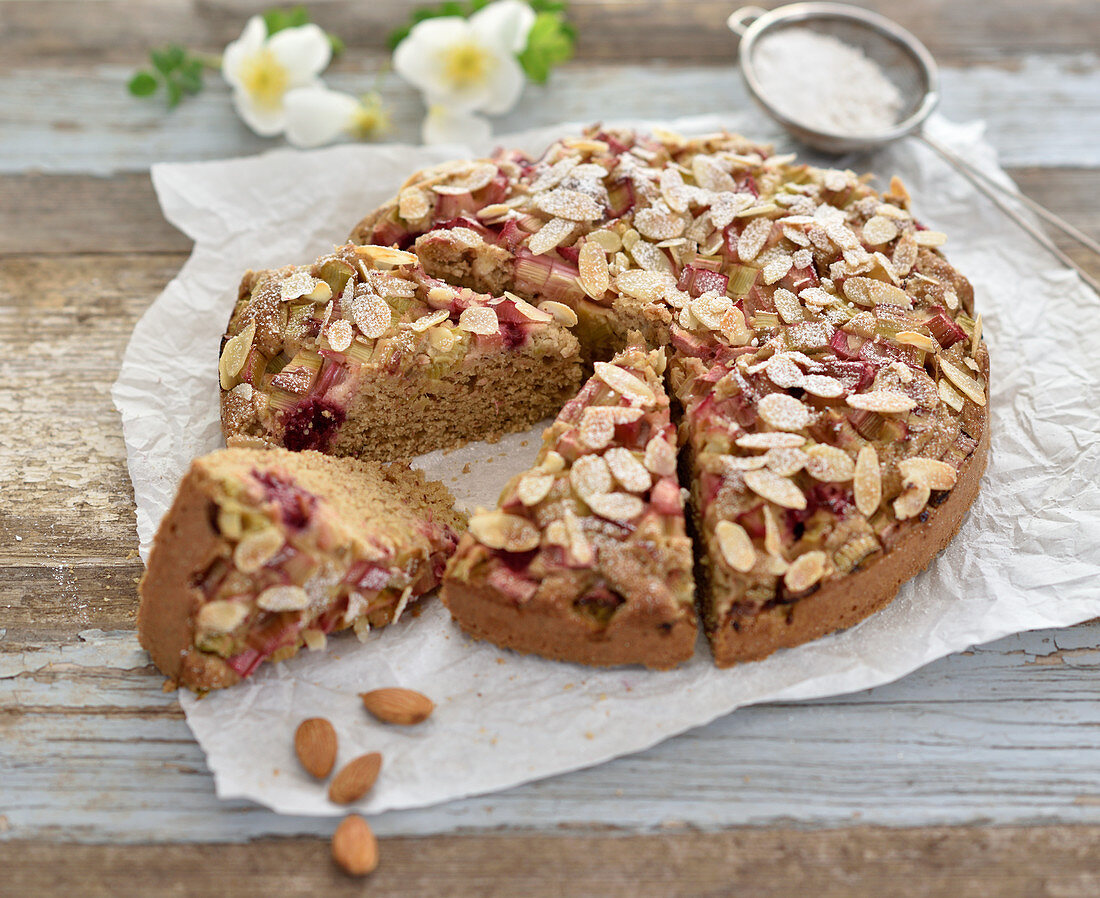 Vegan rhubarb and raspberry almond cake