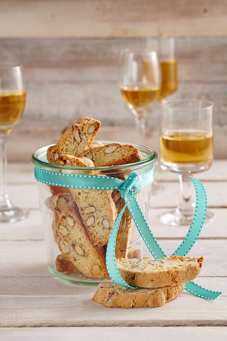 Cantuccini (almond biscuits, Italy) served in a glass with Vin Santo