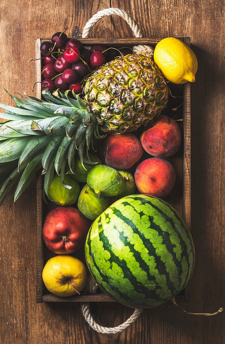Summer fruit variety - Watermelon, pineapple, lemon, figs, peach, sweet cherry, apple