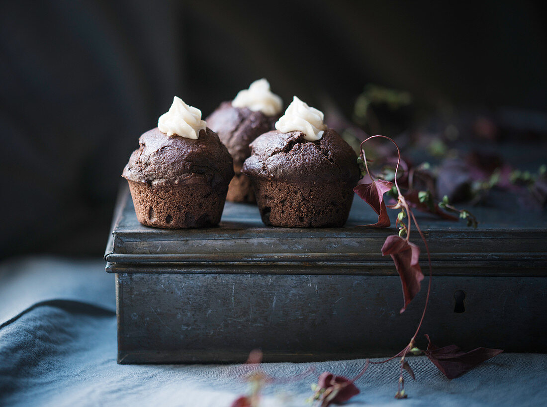 Vegan chocolate cupcakes with a lemon cream filling