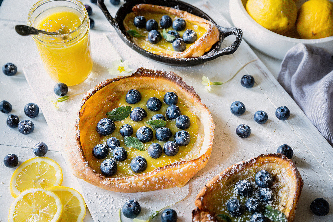 Dutch pancakes with home made lemon curd and blueberries 'Dutch babies'