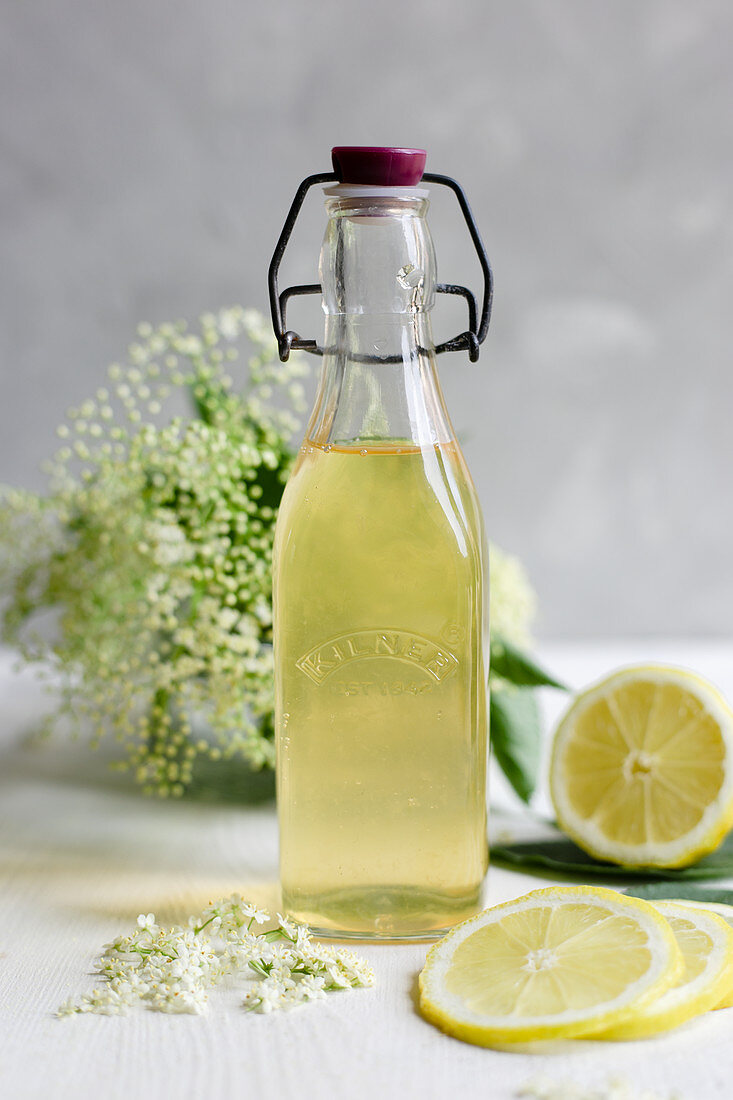 Elderflower cordial in a vintage bottle, with fresh elderflowers and lemon in the background