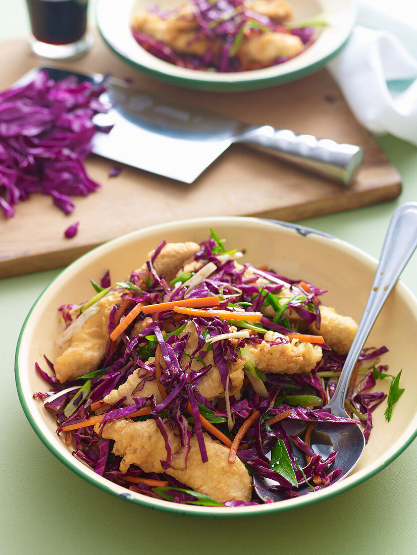 Fried Chicken with Red Cabbage