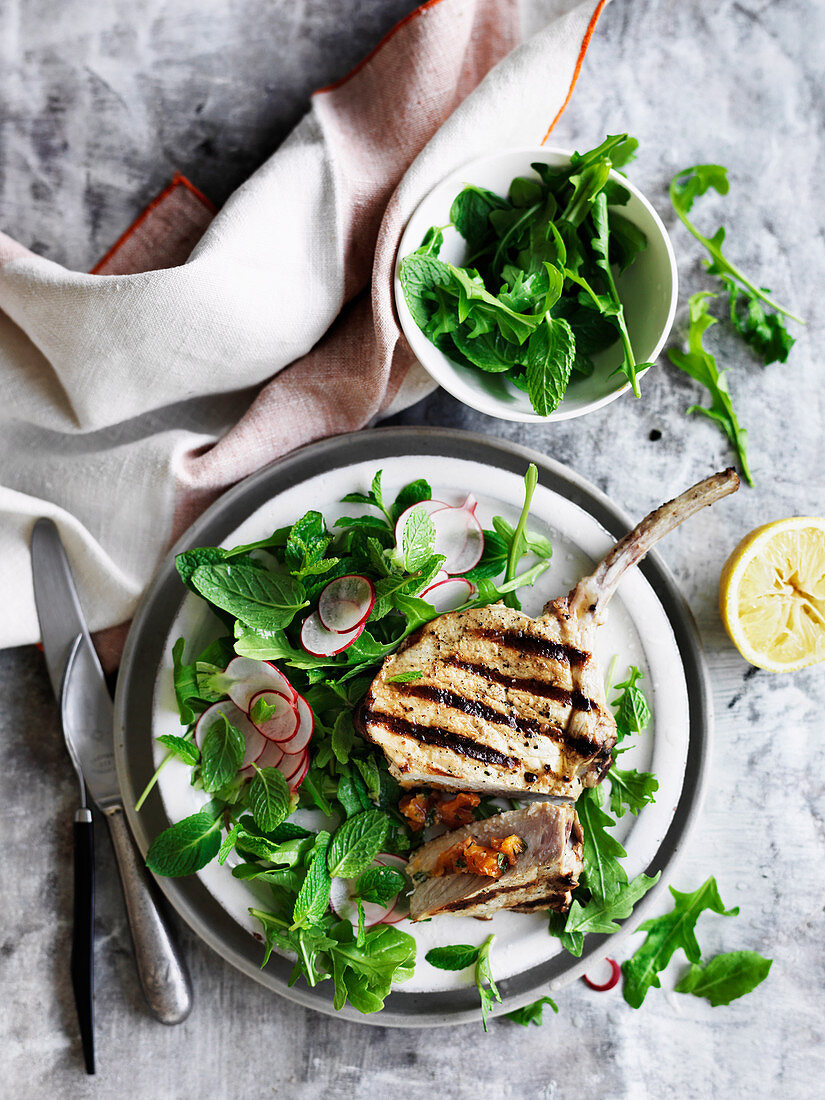 Apricot Stuffed Pork with Mint and Radish Salad