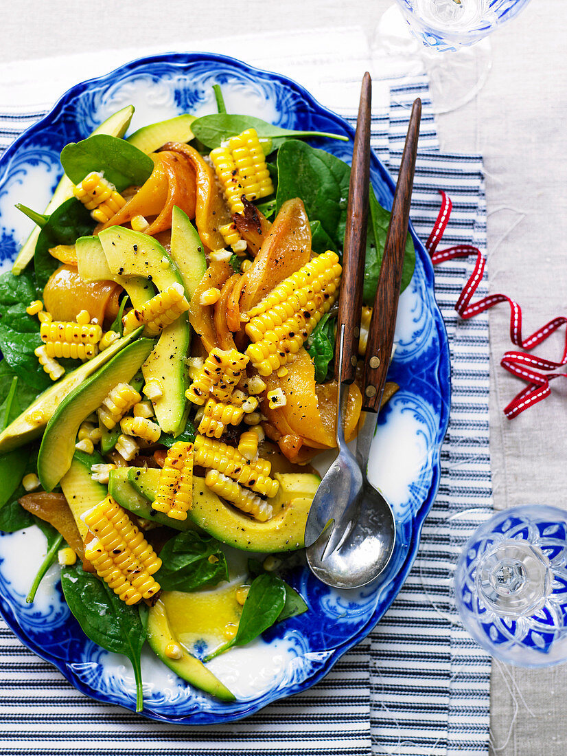 Barbecued Corn, Spinach and Avocado Salad
