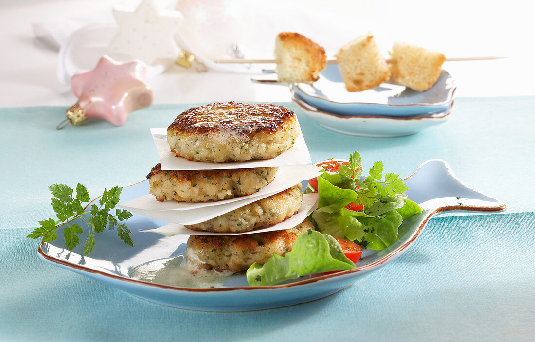 Monkfish cakes with salad