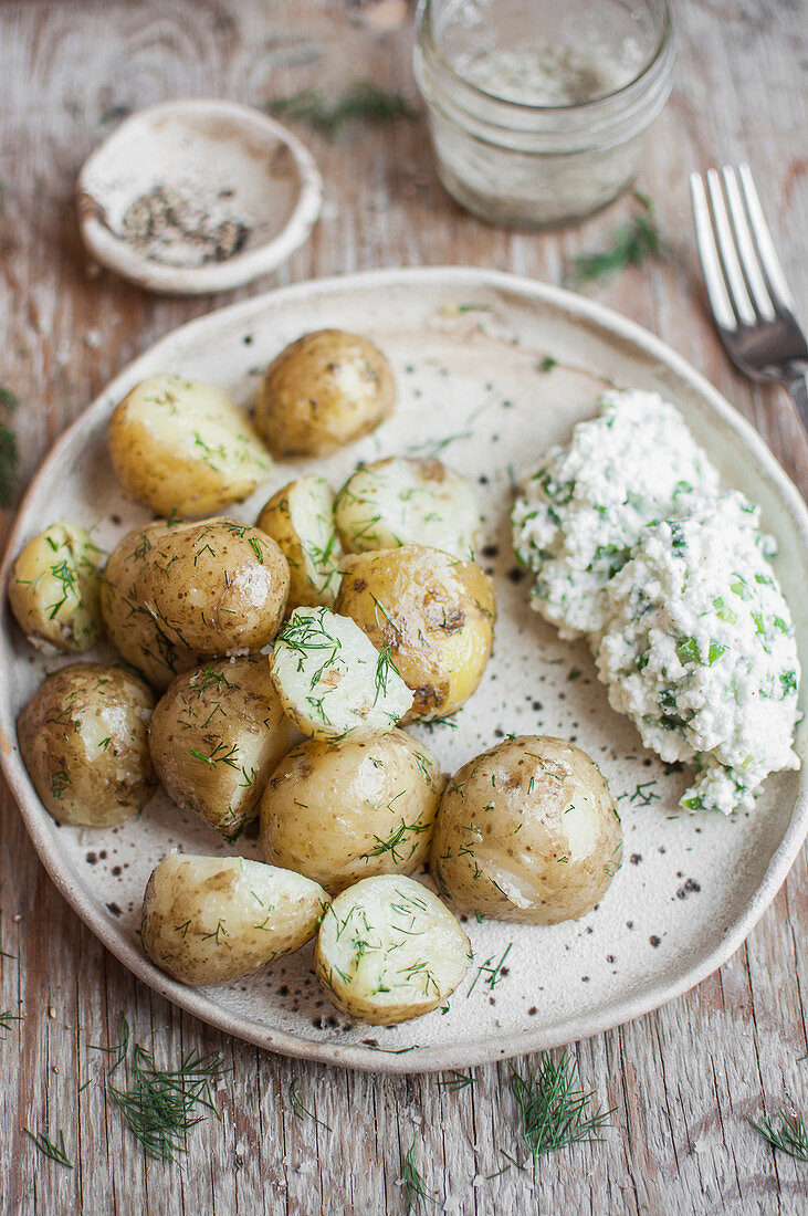 Potatoes with fresh dill served with gzik (cottage cheese with chopped green onion)