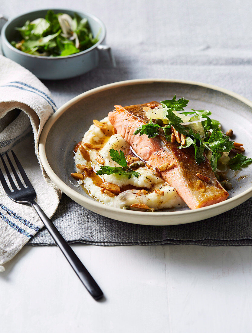 Pan fried ocean trout with cauliflower almond and brown butter