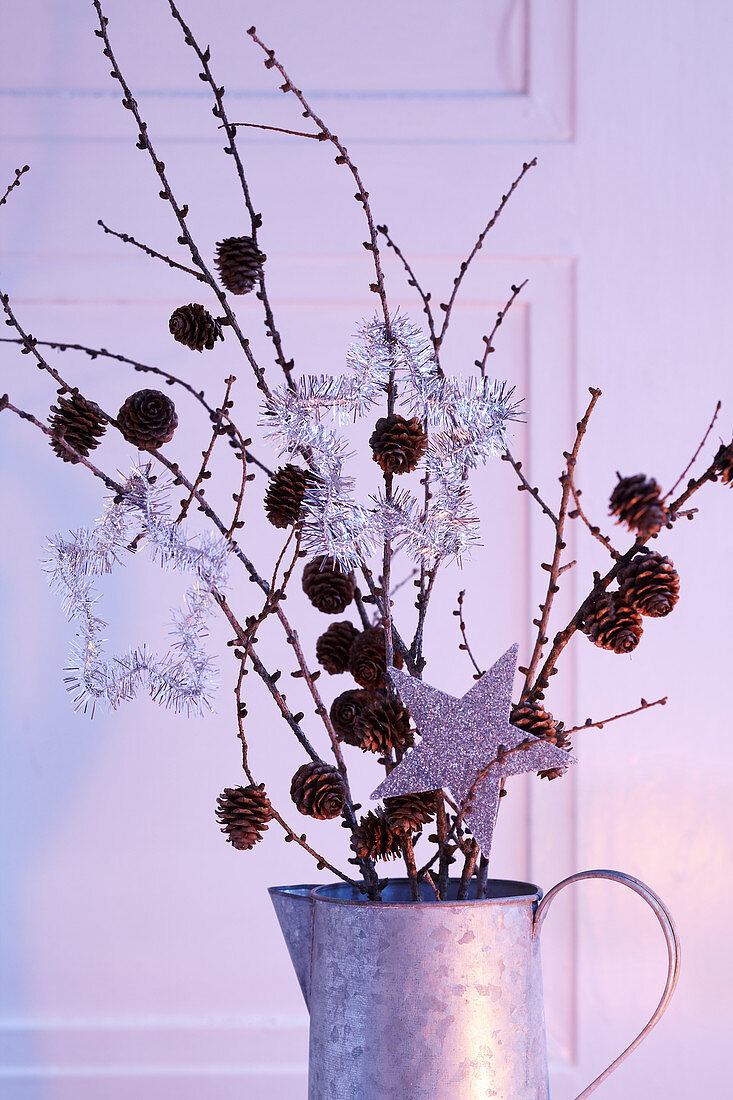 Zweige mit Zapfen und silberfarbenen Sternanhängern als Weihnachtsdeko