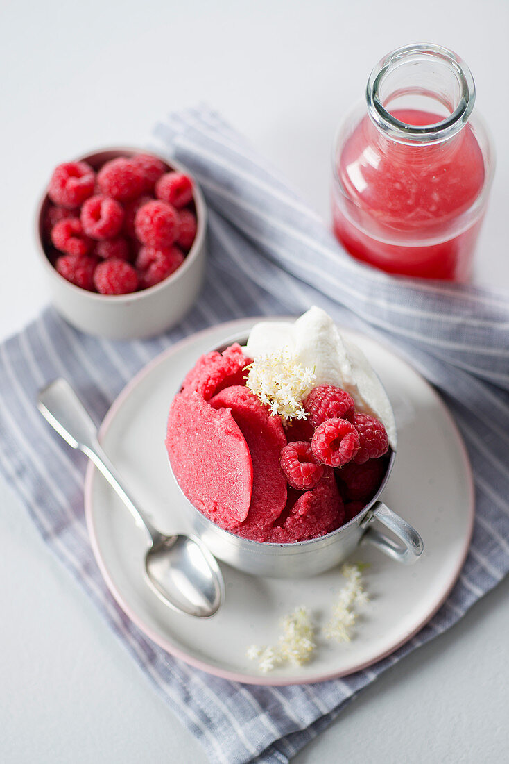 Himbeer-Holundersirup-Sorbet