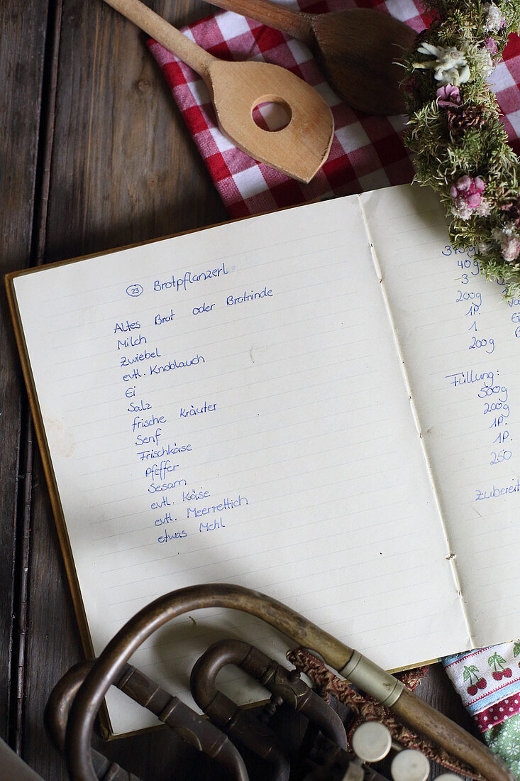 Handwritten recipe for bread patties in open book