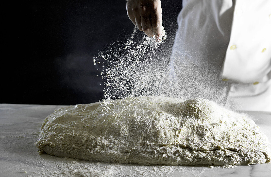 Ciabatta bread dough sprinkled with flour
