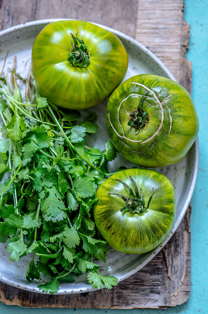 Grüne Kiwi-Tomaten und Koriandergrün