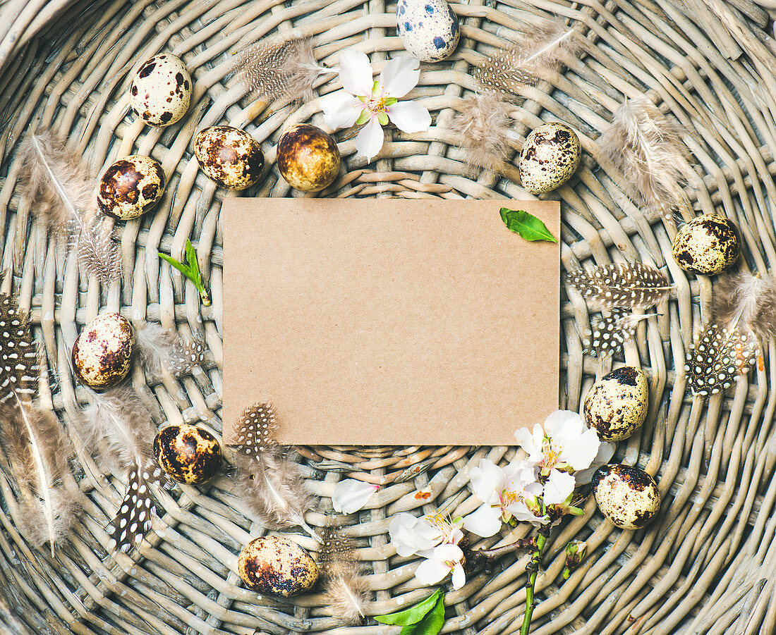 Papierschild, gefärbte Wachteleier, Mandelblüten und Federn im Korb als Osterdeko