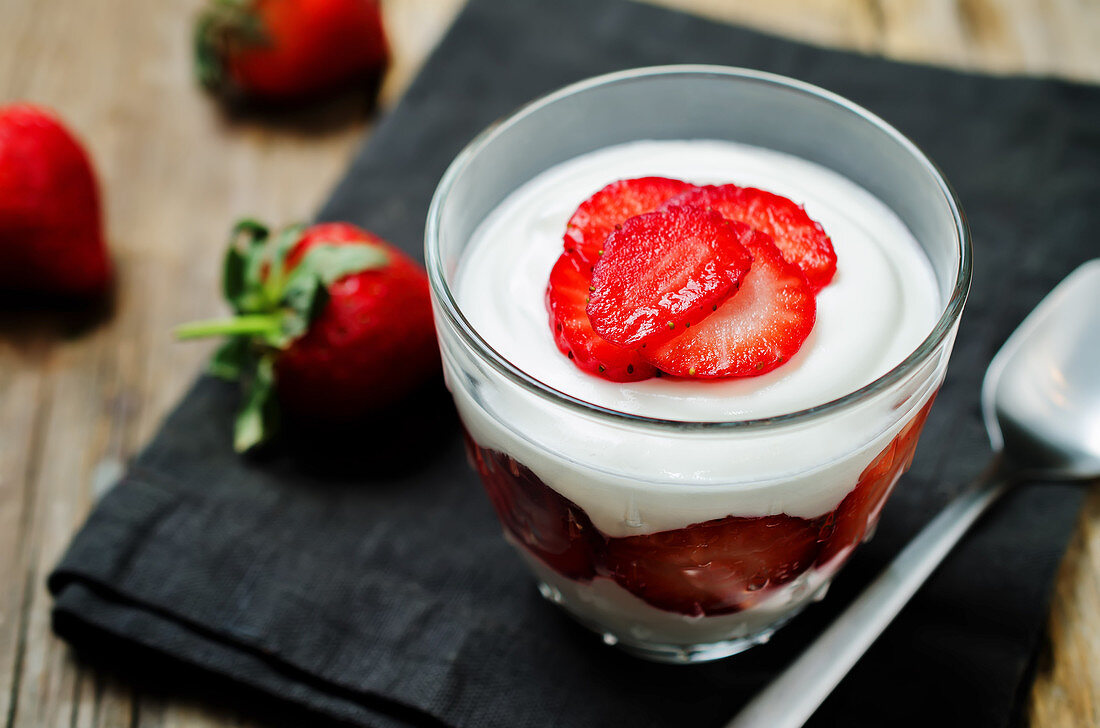 Strawberry yoghurt dessert in a glass