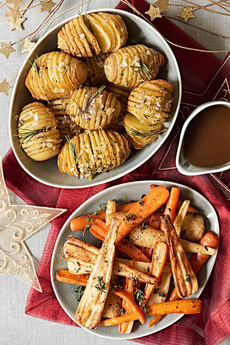 Roasted root vegetables and Hasselback potatoes for Christmas