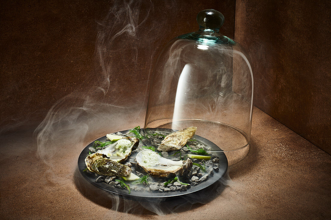 Austern geräuchert unter Cloche aus Glas