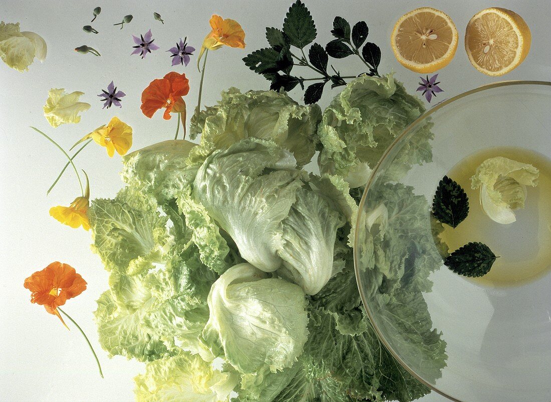 Salatzutaten: Eisbergsalat, Blüten & Dressing