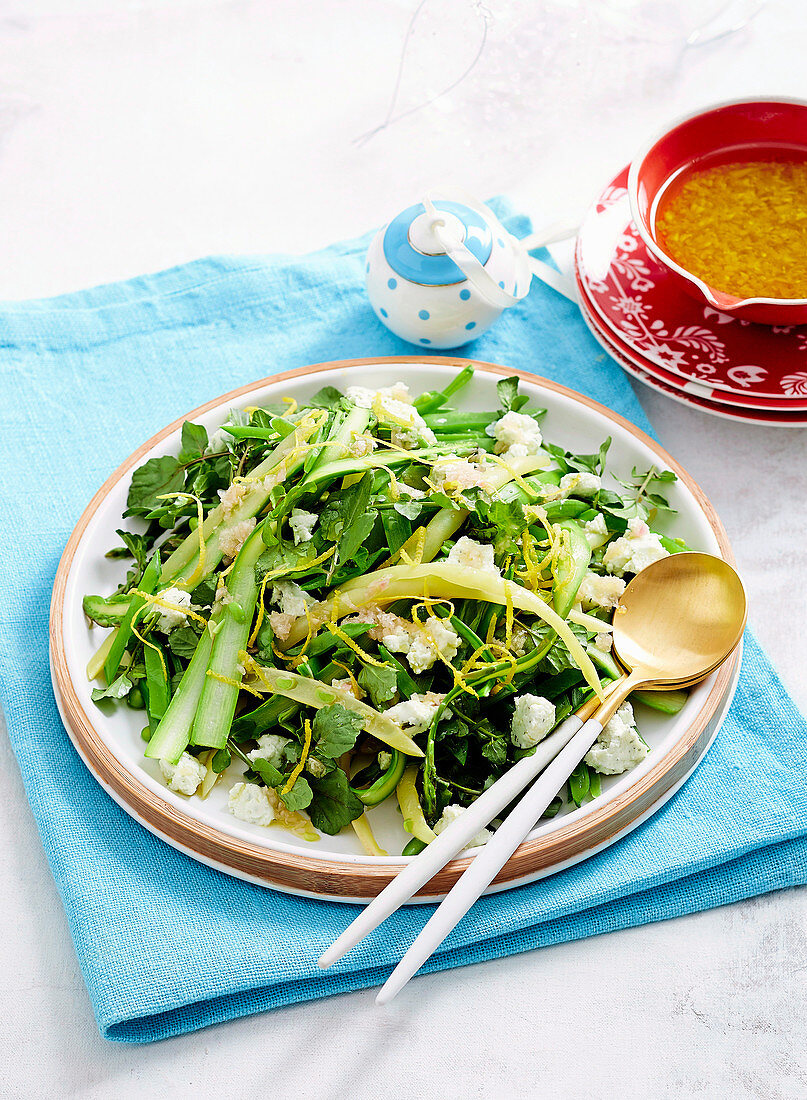 Asparagus, beans and goats curd salad