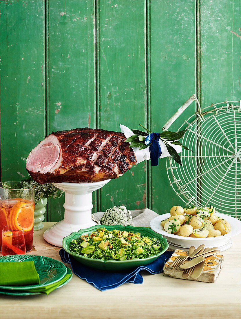 Broccoli tabbouleh with turmeric and buttermilk dressing, baked ham and boiled new potatoes