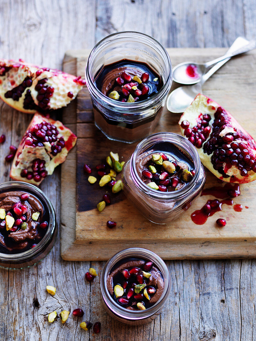 Dark Chocolate and Ricotta Mousse with Pomegranate and Pistachos